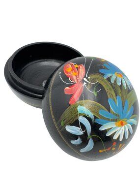 Hand-Painted Blue Black Wooden Trinket Box Sphere Floral Design 3" Diameter